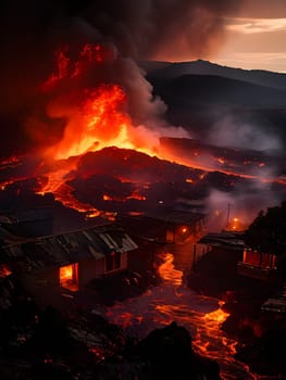 volcano with eruption and magma flow