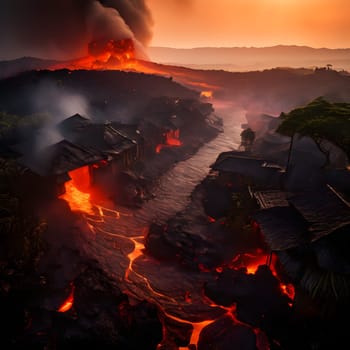 volcano with eruption and magma flow