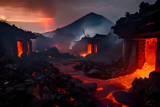 volcano with eruption and magma flow