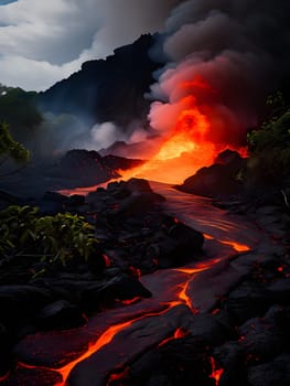 volcano with eruption and magma flow