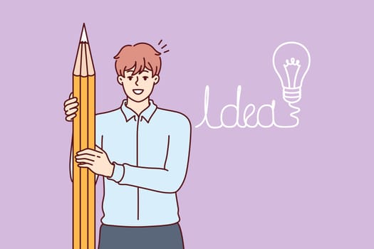 Business man has come up with idea to attract clients and holding giant pencil, standing near drawing of light bulb. Guy student rejoices at idea of writing a successful thesis for final exam