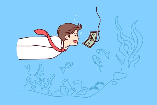 Money trap in front of business man swimming underwater with banknote on fishing rod hook. Guy will be tempted to fall into money trap due to desire to receive easy income or use loans