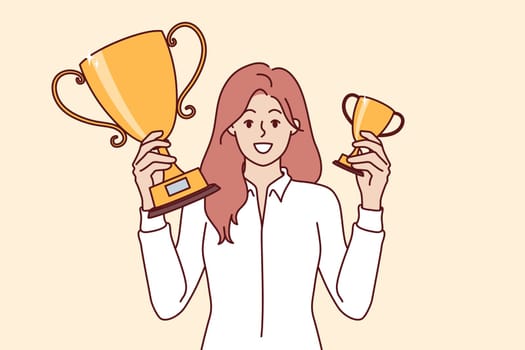 Successful woman manager boasts of gold cups for obtaining leadership position in corporate competitions. Business lady invites employees to participate in trophy drawing for leadership qualities