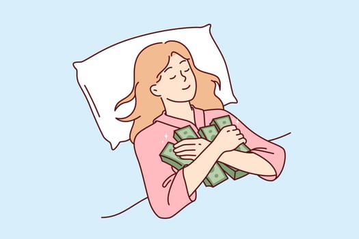 Woman sleeps hugging stacks of money, afraid to part with earned capital and put savings in bank deposit. Happy girl, saved lot of money thanks to investments lies with eyes closed in bed