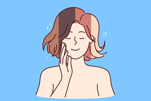 Woman with multi-colored hairstyle is considering changing image and choosing new hair dye. Young girl with happy face and bare shoulders wants to change hair color to become more beautiful.