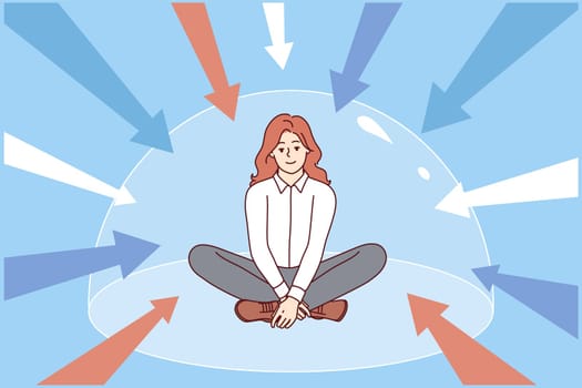 Woman sits in dome protecting from external negative influences, for concept of good mental health. Metaphor of invisible immunity protecting against harmful unwanted interference in personal space