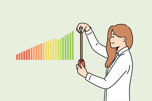 Woman business analyst measures financial chart to understand trends in company income level. Girl economic analyst in formal clothes predicts beginning of increase in savings or earnings