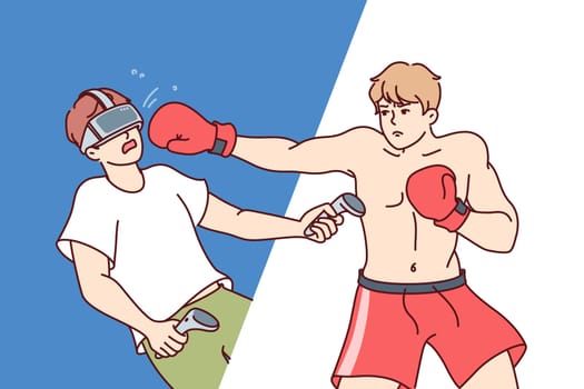 Man became boxer thanks to VR helmet and control joysticks that allow to immerse himself in virtual reality. Virtual simulator of boxer match with complete immersion in atmosphere sports competition