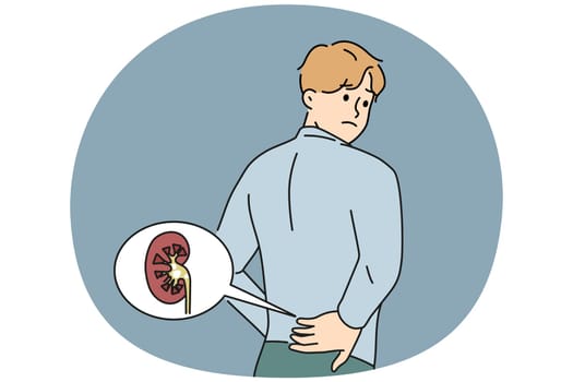 Unwell man touch back suffer from kidney pain having stones in body organ. Unhealthy guy struggle with backache from kidney. Vector illustration.