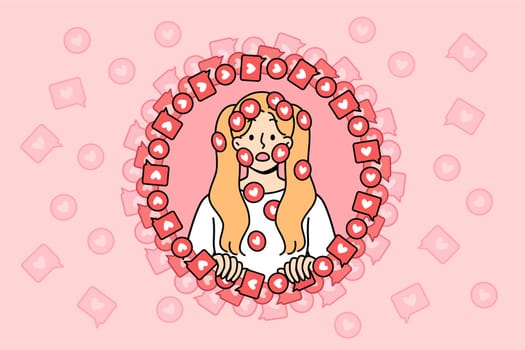 Little girl is frightened by overabundance of positive reactions and responses from subscribers to online blog. Concept of children addiction to social networks with subscribers and messengers