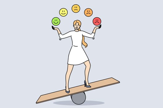Woman balances and demonstrates power of self-cantation to achieve emotional health by throwing up different emojis. Girl standing on swing demonstrates importance of self-control for successful life.