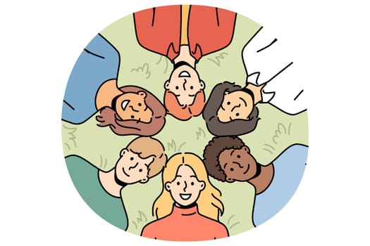 Upward view of smiling diverse people hug and relax together in summer park. Happy men and women rest in nature landscape. Friendship and relaxation. Vector illustration.