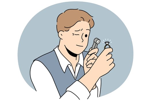 Male jeweler with magnifier look at gem. Gemmologist evaluate precious stone with magnifying glass. Jewelry concept. Vector illustration.