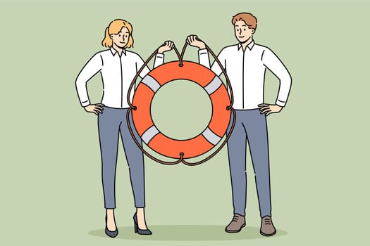 Two managers are holding lifeline offering business help and support or crisis management services. Man and woman working in corporation are ready to provide support to new employees