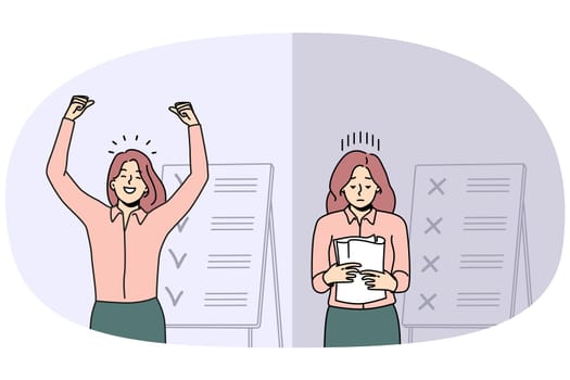 Comparison of woman with unfinished and finished work tasks. Failed and successful female employee with plans and list on board. Vector illustration.