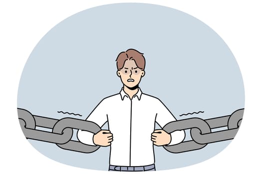 Confident decisive businessman break chain get free from credit or bank loan. Angry male employee holding chain receive freedom from financial slavery. Vector illustration.