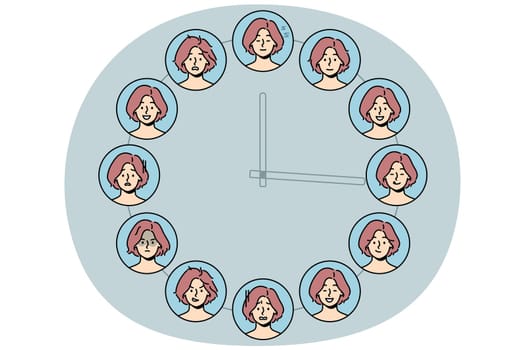 Set of woman with different emotions on huge clock. Collection of emotion and facial expression change during day. Vector illustration.