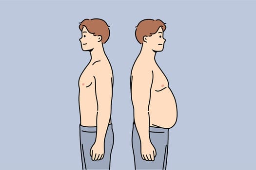 Thin and fat men stand side by side demonstrating changes in figures after eating fast food or working sedentary jobs. Fat guy has problems with excess weight caused by hormonal imbalance in body