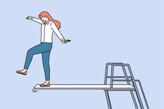 Business woman takes risky action and goes on venture to achieve goal, standing on springboard. Concept of professional venture that can lead to career growth or dismissal and bankruptcy