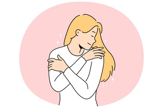 Happy woman hug herself showing selflove and selfcare. Smiling girl embrace body feeling confident and overjoyed. Vector illustration.