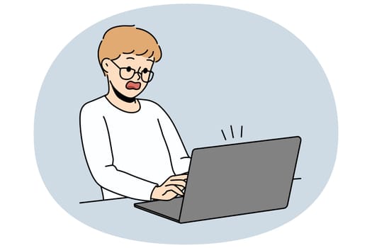 Stunned little boy look at computer screen shocked with information on gadget. Amazed child surprised and frustrated with data and message on laptop. Vector illustration.