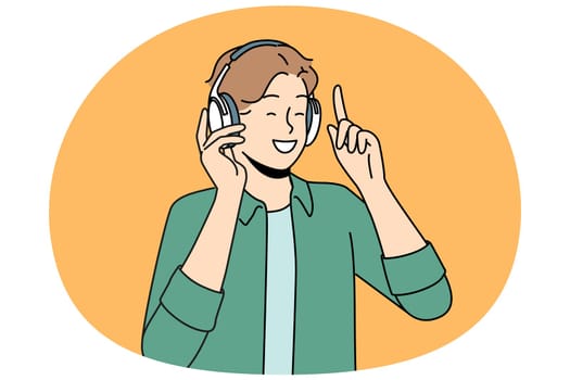 Overjoyed man in wireless headphones listen to music. Smiling guy in earphones have fun enjoying good quality sound. Vector illustration.