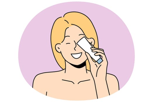 Smiling naked woman with beauty product bottle recommend item. Happy female client show recommend cosmetics. Vector illustration.