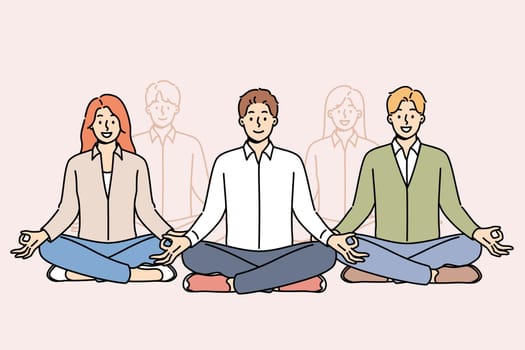 Business people meditation as team during break from work, sitting in lotus position from yoga and enjoying zen practice. Group meditation for office workers to gain strength before important meeting