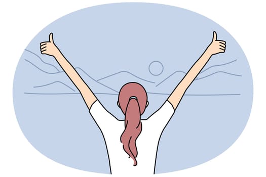 Back view of excited woman with thumbs up standing in mountains landscape enjoy life. Female with hands in air celebrate achievement or success in nature. Vector illustration.