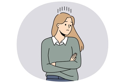Unhappy woman look in distance thinking and brainstorming. Distressed girl feel upset and frustrated frowning and worrying. Vector illustration.