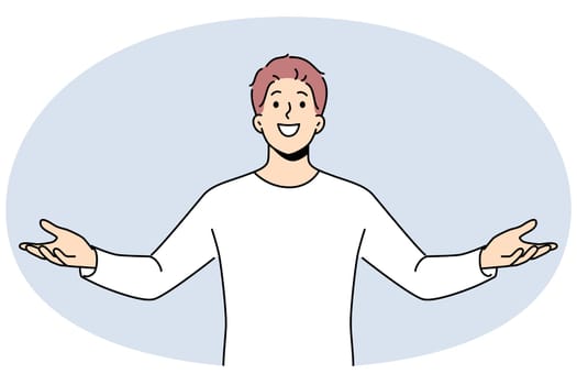 Excited man with open arms feel overjoyed enjoying success or win. Happy male celebrate victory feeling successful and fascinated. Vector illustration.