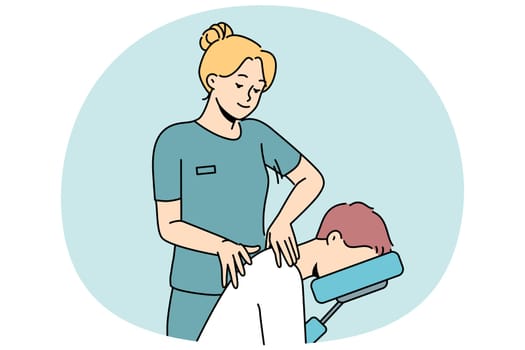 Female masseuse help patient with backache in clinic. Physiotherapist massage client in hospital. Healthcare and physiotherapy. Vector illustration.