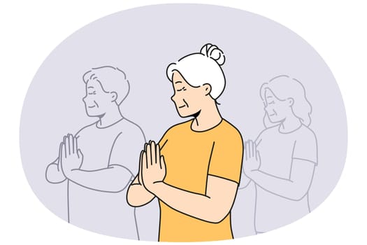 Elderly woman with prayer hands practice yoga on group classes. Happy calm old grandmother meditate follow healthy life in yoga studio. Vector illustration.