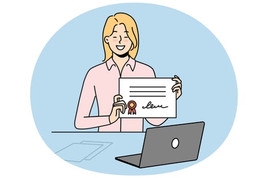 Smiling girl with certificate graduate online