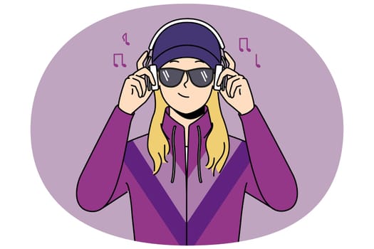 Happy woman in 90s sport jacket listen to music in headphones. Smiling girl in retro clothes enjoy sound in earphones. Vector illustration.
