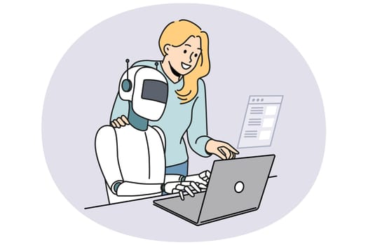 Female employee and robotic assistant work together on computer. Robot tester search program bugs and mistakes in software on laptop. QA concept. Vector illustration.