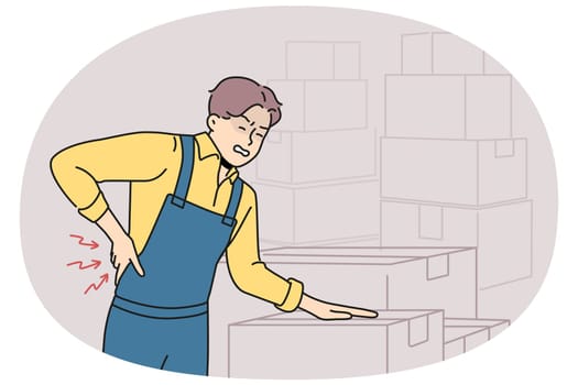 Sick man in uniform suffer from backache working in warehouse with boxes. Unhealthy male worker struggle with back pain. Vector illustration.
