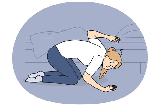 Confused woman looking under bed at home. Frustrated girl search for lost item in bedroom. Vector illustration.