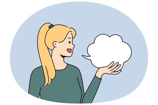 Smiling girl holding speech bubble express opinion or thought. Happy woman with talk balloon talk or say something. Vector illustration.