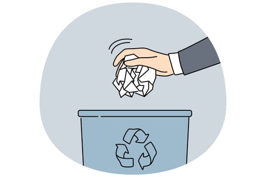 Man hand put paper in trash bin. Closeup of male throw crumpled paperwork in garbage container. Concept of recycling and waste sorting. Vector illustration.