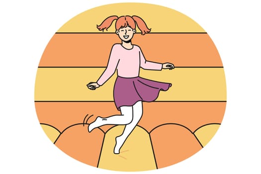 Smiling little girl child jump on trampoline. Happy kid have fun on playground, enjoy playing in inflatable castle. Vector illustration.