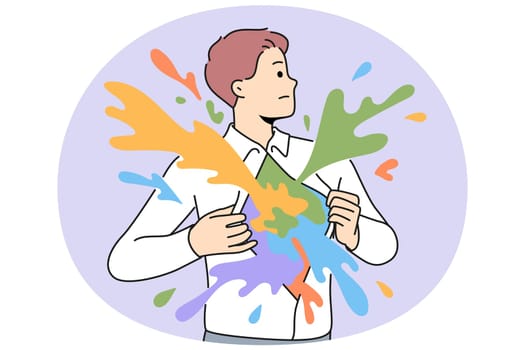 Businesswoman open shirt free creative business idea and projects. Concept of creativity in business and office. Vector illustration.