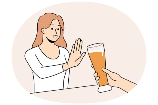 Woman refuse from extra glass of beer at bar. Decisive girl say no to alcoholic drink and excessive alcohol consumption. Addiction problem. Vector illustration.