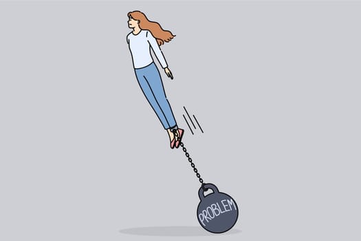 Burden problems is attached to woman who wants to succeed and takes off demonstrating ambition and motivation. Concept problems from past that put pressure on person and prevent from achieving goals