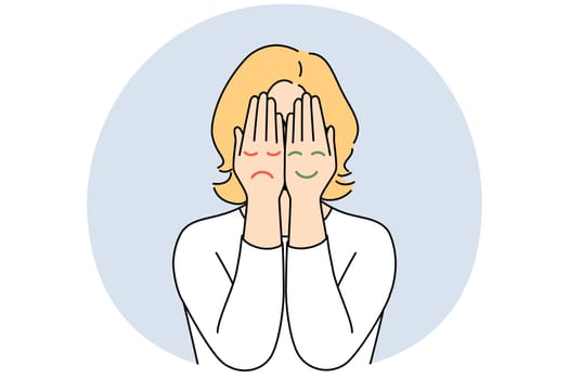 Woman cover face with hands with emojis of different mood states. Female suffer from bipolar disorder or mood swings. Psychological problem. Vector illustration.