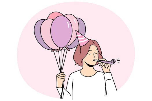 Excited girl with balloons blow in whistle celebrate birthday. Happy woman have fun on anniversary celebration. Vector illustration.