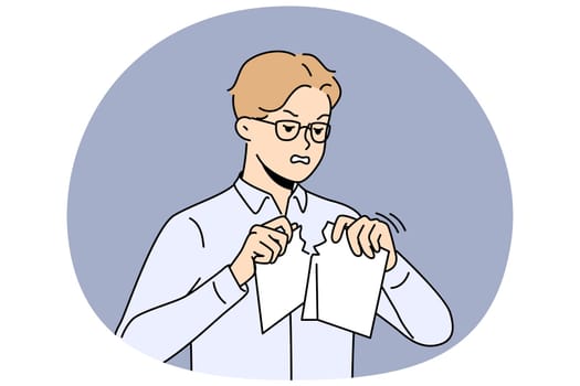 Angry businessman tear paper document distressed with business failure. Stressed male employee rip paperwork frustrated with crisis. Vector illustration.