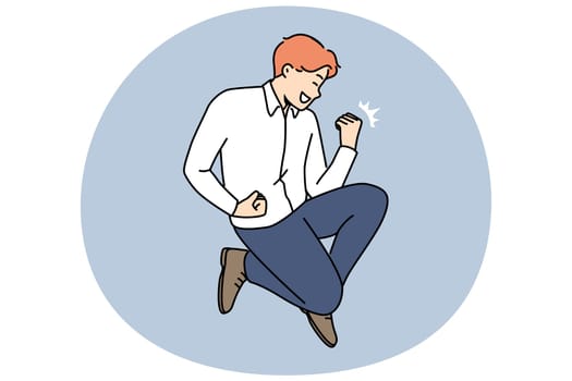 Overjoyed businessman make yes sign celebrate work success or achievement. Smiling man feel overjoyed triumph with win or victory. Vector illustration.