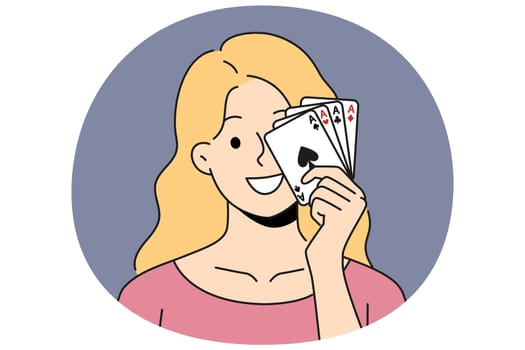 Smiling woman posing with cards in hands. Happy female gambler show poker cards gambling or playing in casino. Vector illustration.