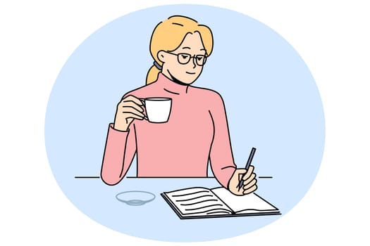 Woman sit at table drink coffee taking notes in notebook. Girl handwrite in pad enjoy drink from cup at home. Vector illustration.